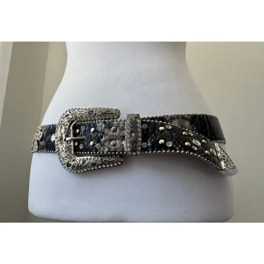 Black Faux Snakeskin Belt w/ Silver Hardware, Crosses & Rhinestones
